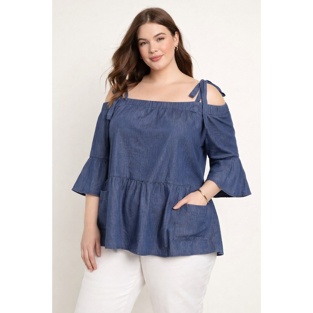 Eloquii Blue Denim Off The Shoulder Tie Strap Flare‎ Sleeve Top Size 20 4242